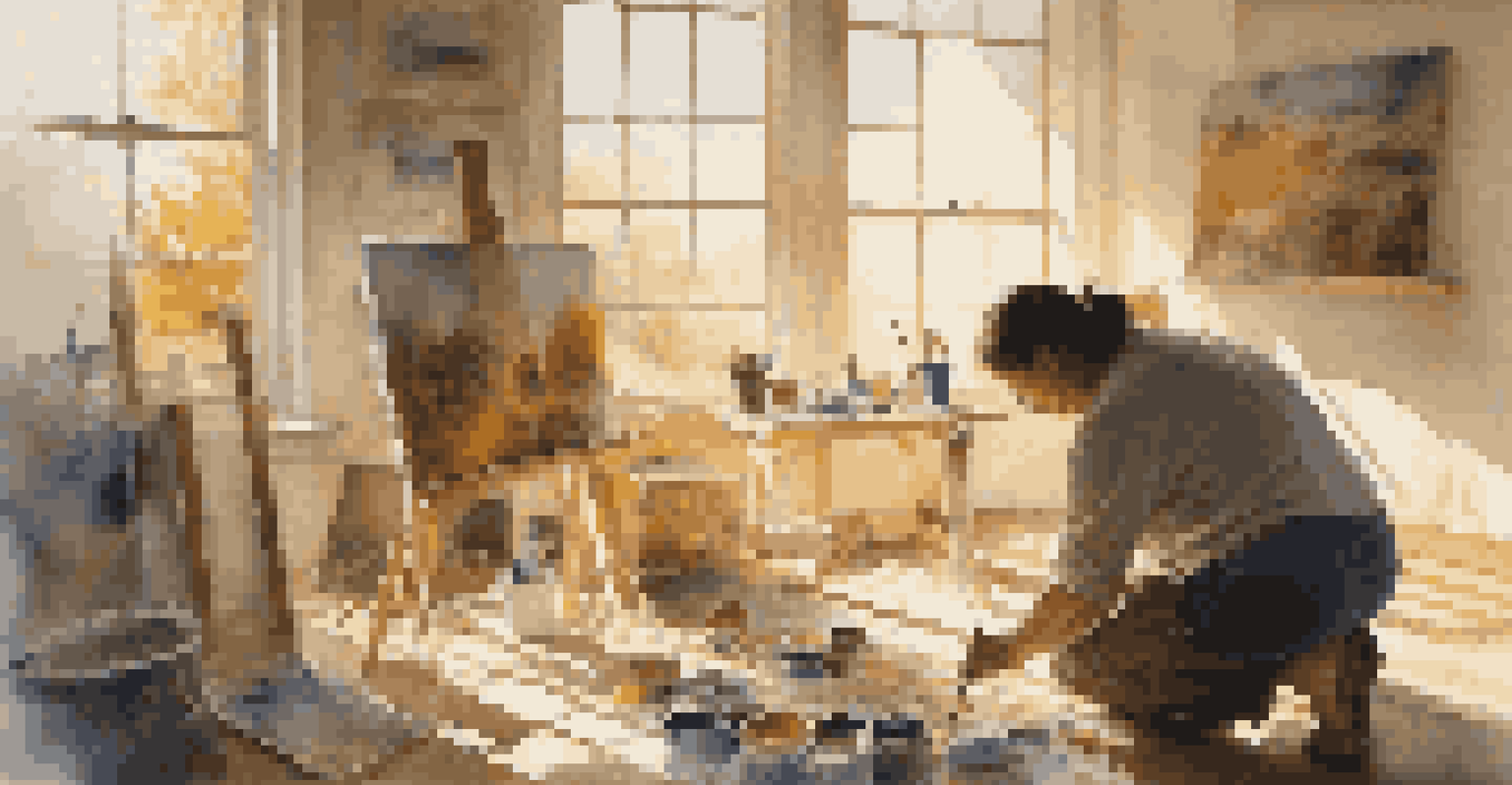 An artist painting in a bright studio, surrounded by art supplies, capturing themes of resilience and healing on a large canvas.