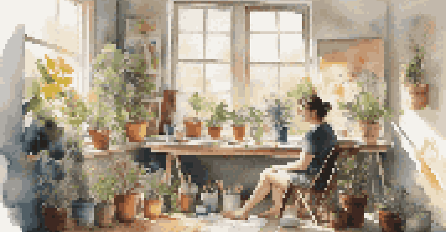 An artist in a bright studio, painting their emotional journey with mental health, surrounded by artistic tools and natural light.