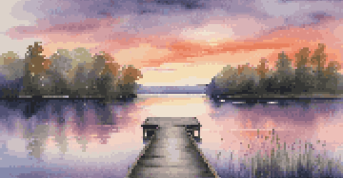 A tranquil lake at sunset with vibrant colors in the sky and a wooden dock in the foreground.