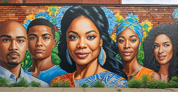 A colorful mural on a brick wall showing people of various backgrounds uniting, symbolizing hope and community.