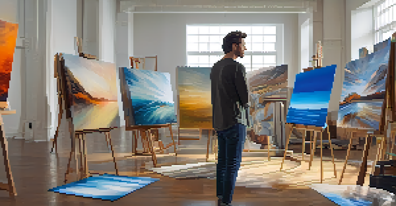 An artist working in a bright modern studio, creating a mixed-media artwork with traditional and digital elements.