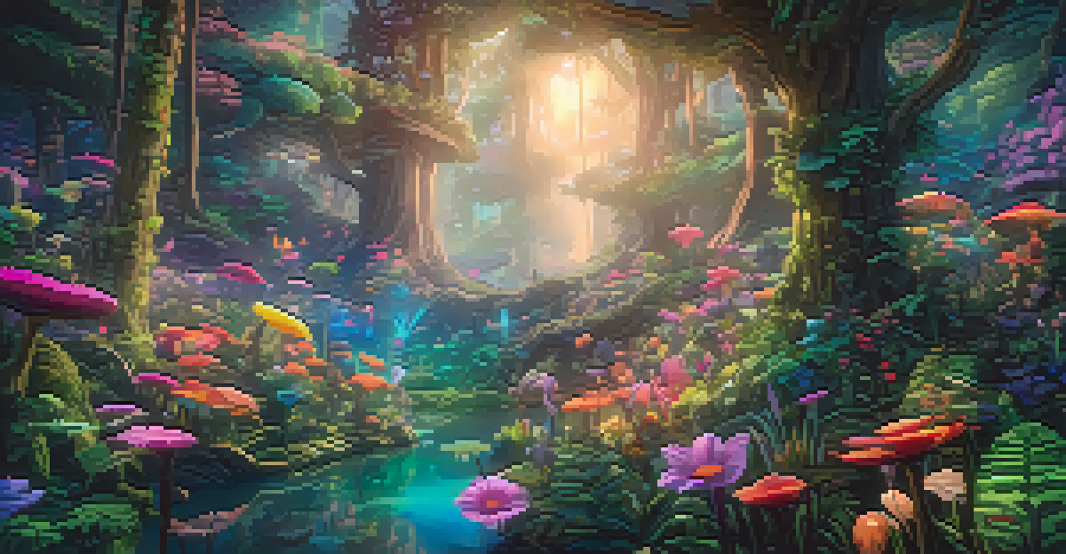A surreal virtual reality forest environment with vibrant flowers and fantastical creatures, featuring rich textures and soft ethereal lighting.