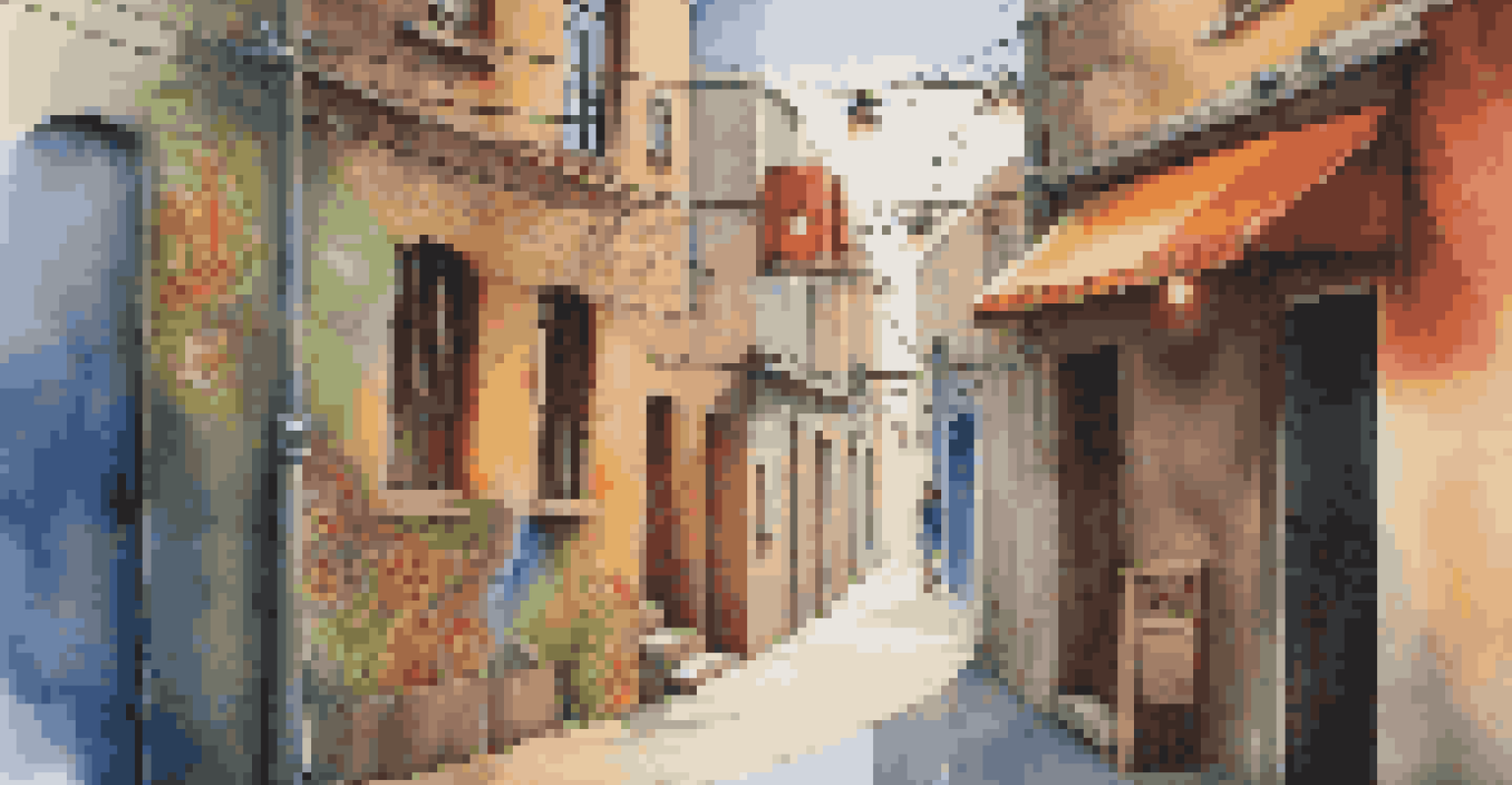 A cozy alleyway with a collaborative street art piece featuring local cultural symbols, illuminated by string lights.
