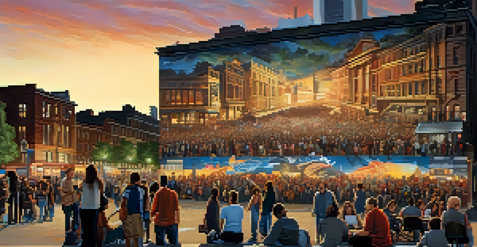 A city square at dusk featuring a large-scale graffiti mural with a political message, surrounded by people discussing the artwork under streetlights.