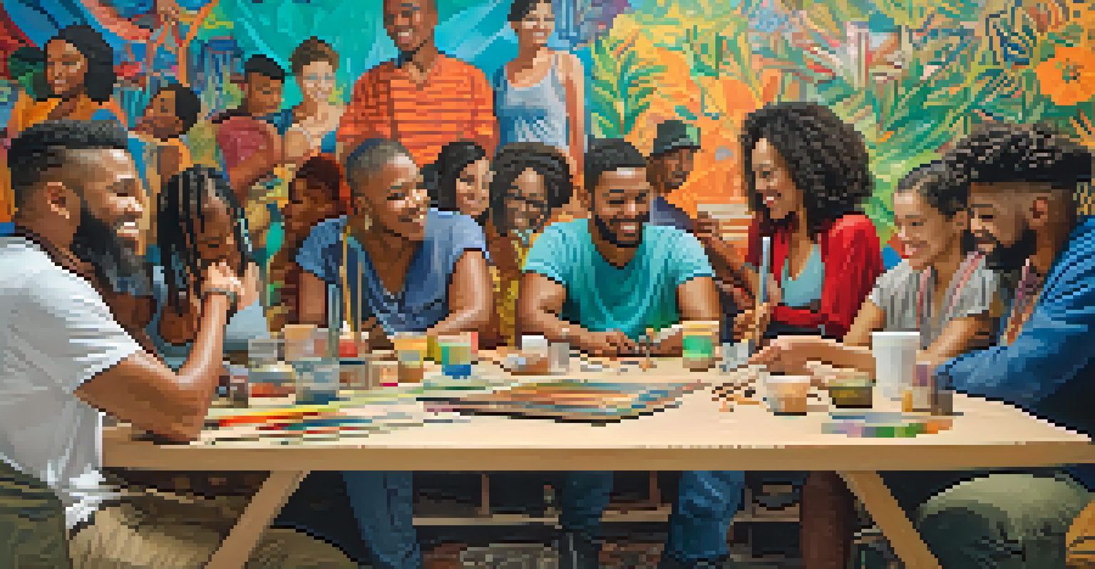 A group of diverse artists working together on a mural, sharing techniques and cultural influences.