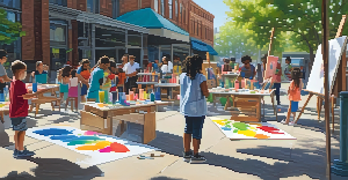 A lively community art workshop with diverse participants painting on canvases under natural sunlight.