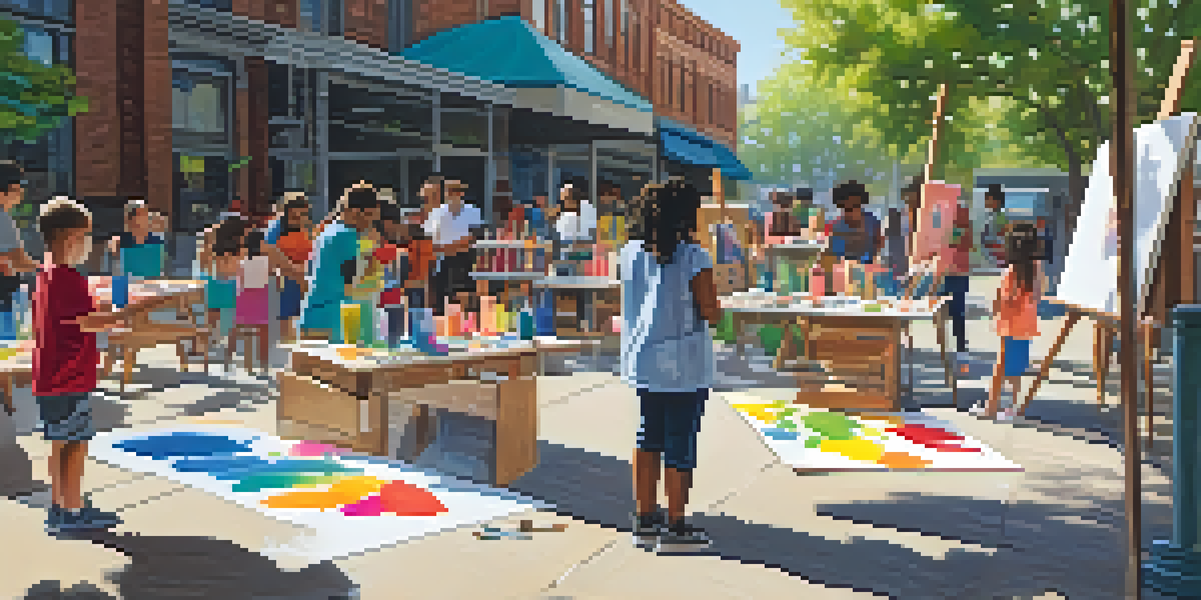 A lively community art workshop with diverse participants painting on canvases under natural sunlight.