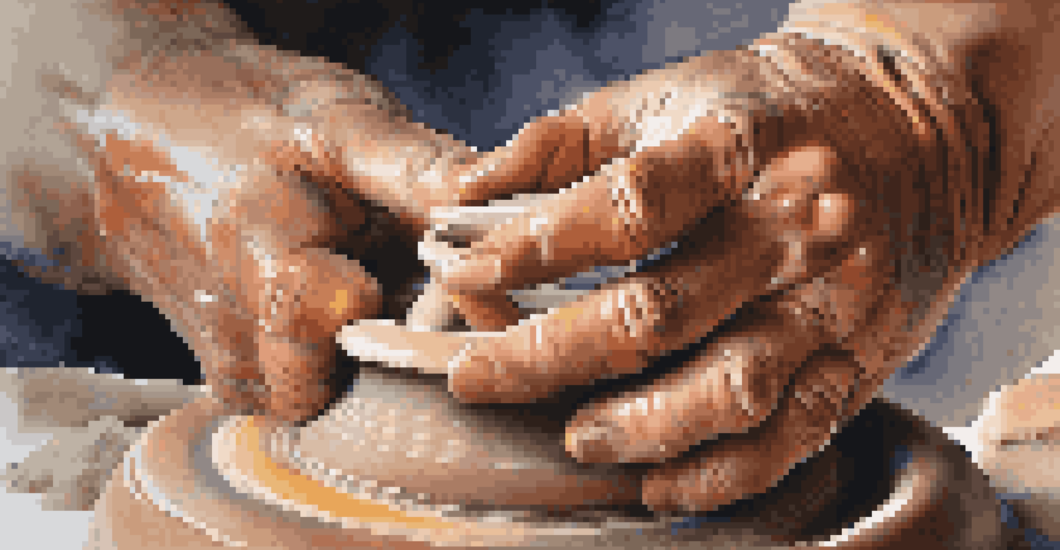 Close-up of hands shaping colorful clay on a potter's wheel, showcasing the texture and details in a soft, warm light.