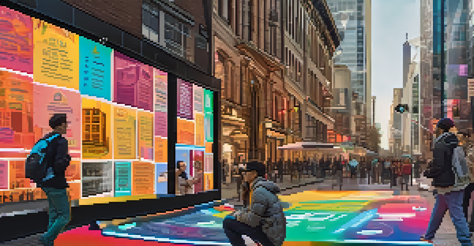 A city street with people using augmented reality glasses, interacting with colorful floating text and symbols, set against an urban background.