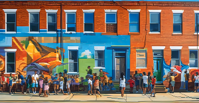 A colorful mural on a building showing a lively community scene with diverse residents.