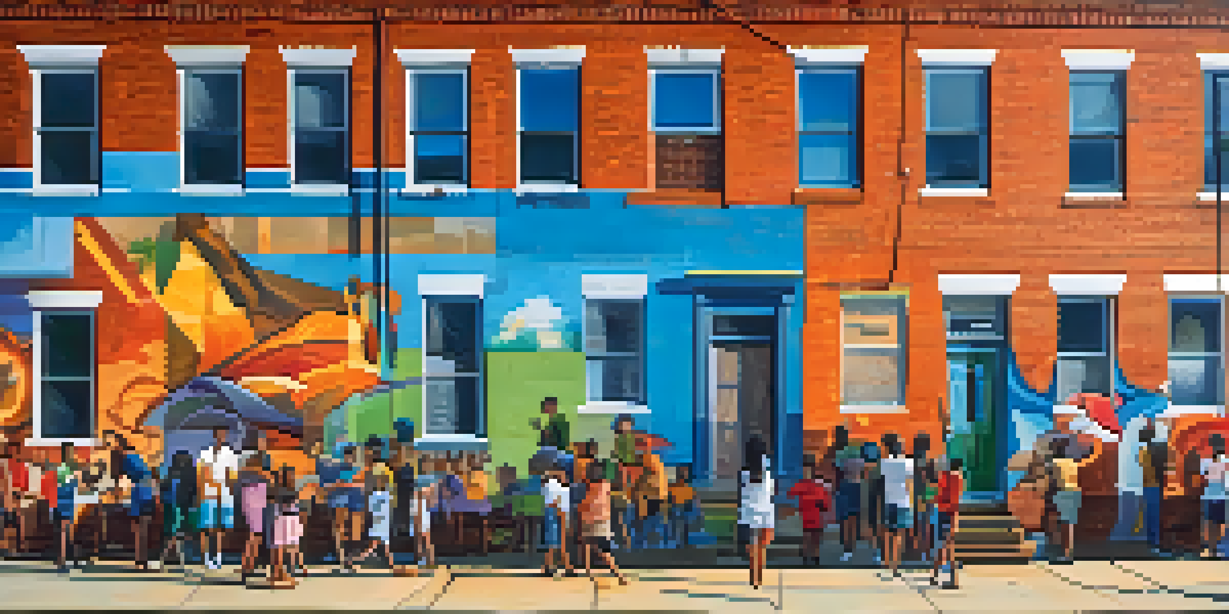 A colorful mural on a building showing a lively community scene with diverse residents.
