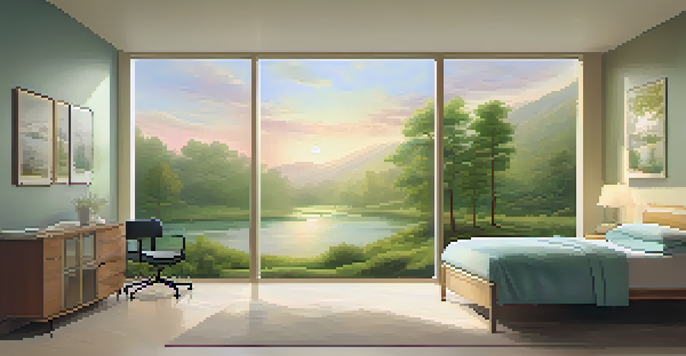 A healthcare room with a nature mural, a patient painting on canvas, and warm natural light creating a calming atmosphere.
