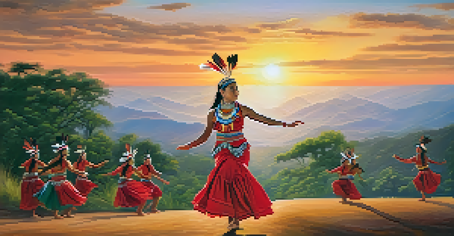 Indigenous dancers in traditional clothing performing a ceremonial dance amidst a beautiful sunset landscape.