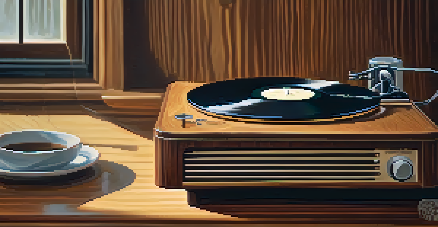 A close-up of a vintage record player with warm lighting and a cup of coffee.