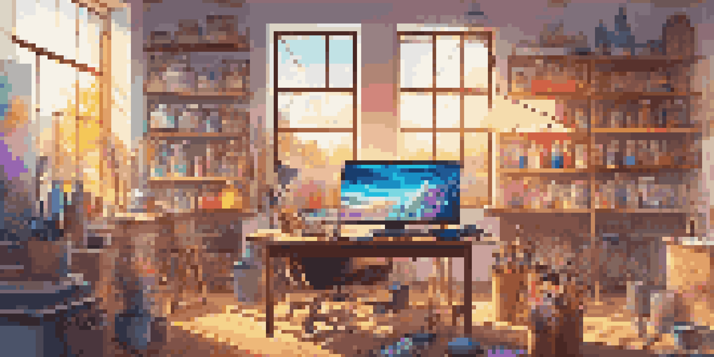 A bright and colorful digital art studio with a large tablet, paint bottles, and artwork on the walls.