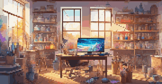 A bright and colorful digital art studio with a large tablet, paint bottles, and artwork on the walls.