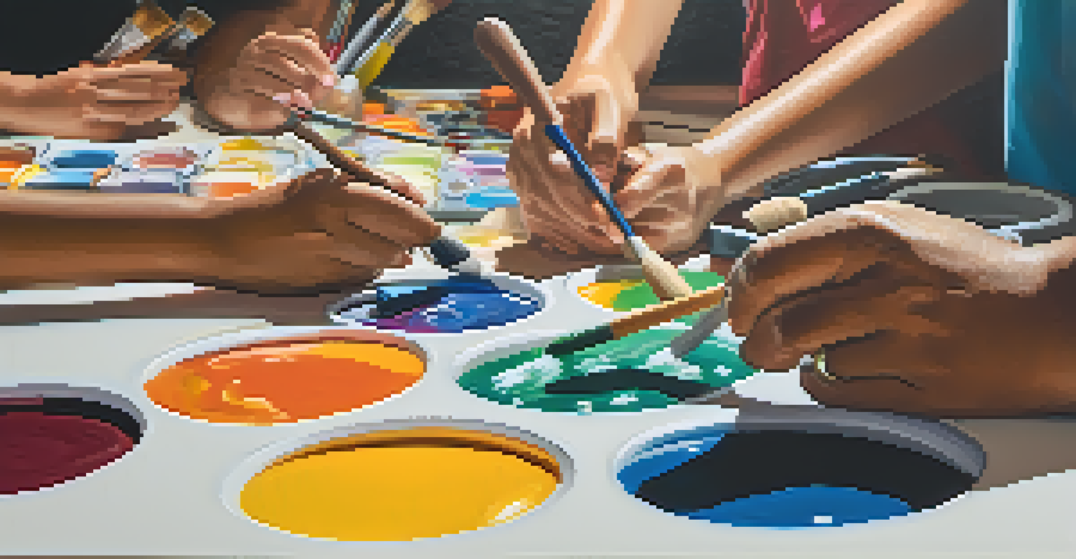 Close-up of diverse hands mixing paints on a large canvas, showcasing creativity and collaboration in warm light.