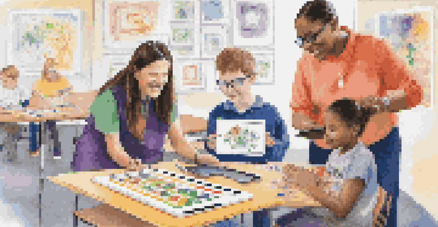An art educator assisting a visually impaired student with technology in a colorful, inclusive classroom filled with art materials.