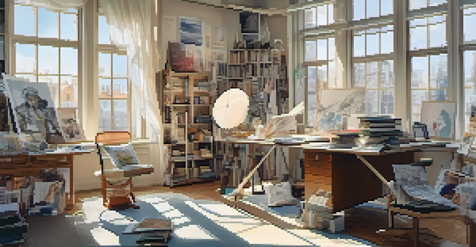 A fashion designer's workspace with sketches, fabrics, and a mood board inspired by literature, bathed in natural light.