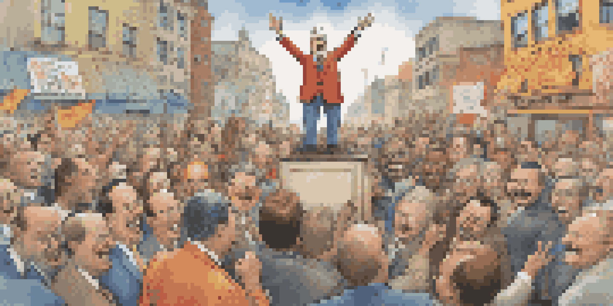 A colorful political cartoon showing a caricatured politician on a soapbox with a laughing crowd, highlighting social issues.