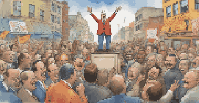 A colorful political cartoon showing a caricatured politician on a soapbox with a laughing crowd, highlighting social issues.