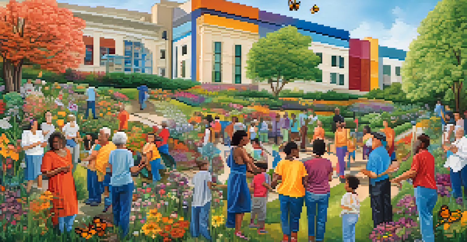 A diverse group of patients working together on a colorful mural depicting a garden, showcasing collaboration and creativity.
