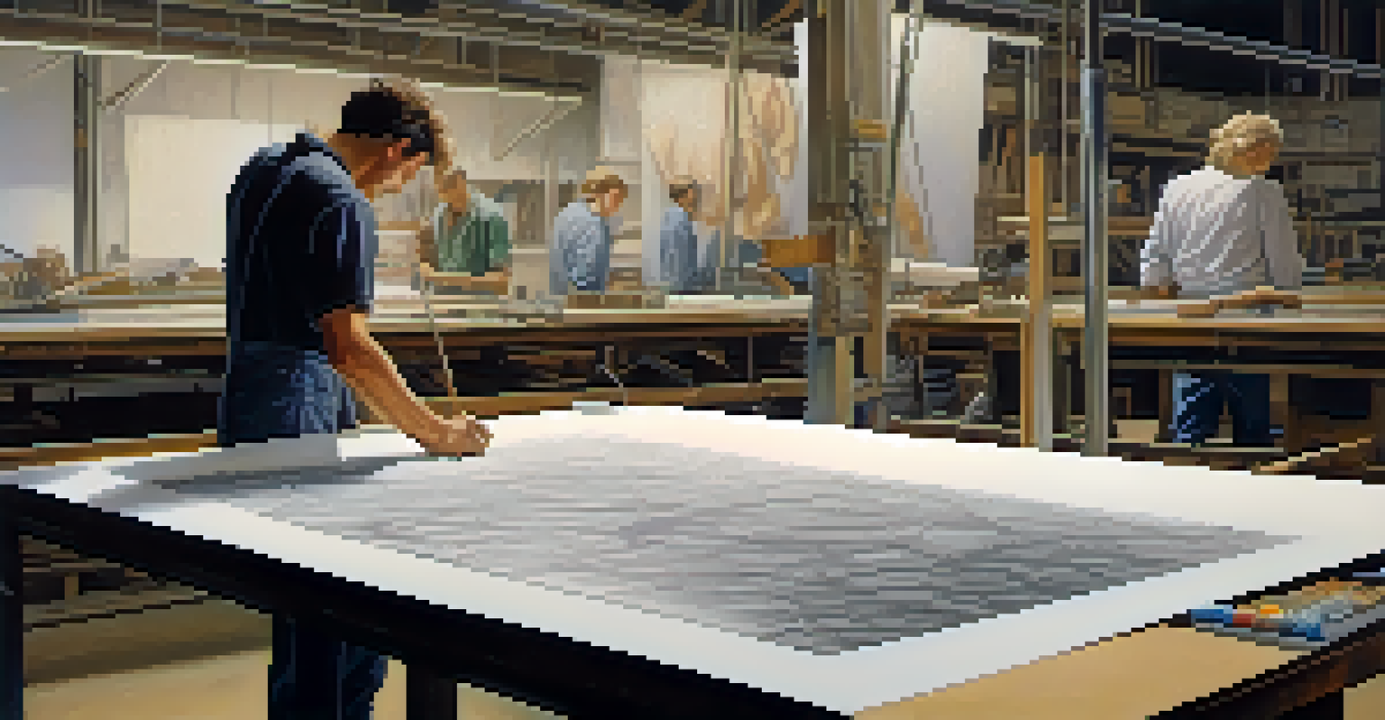 A close-up of an artist drawing on a limestone surface for lithography, with chemical materials and finished prints in the background.