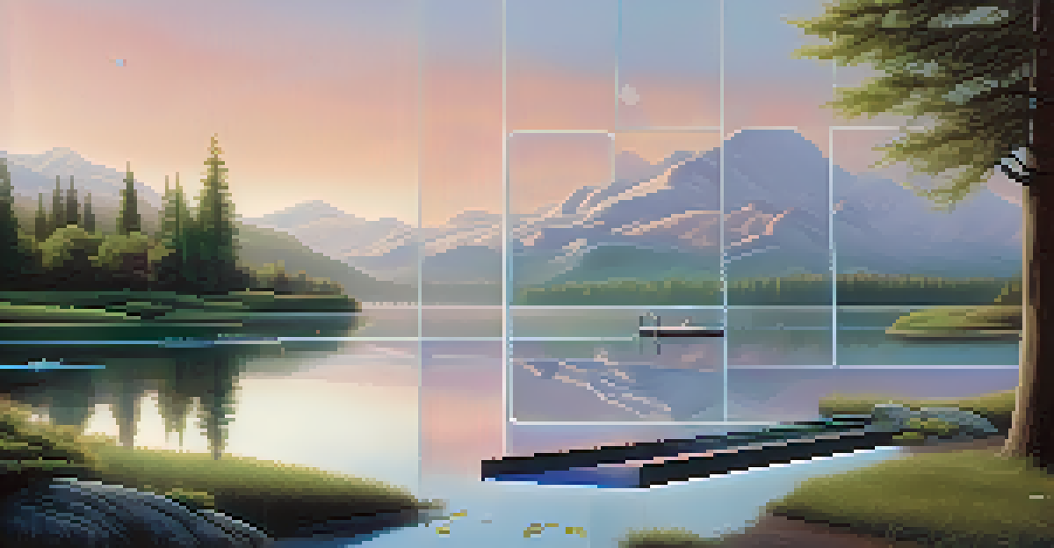 A tranquil landscape with a digital art installation in a lake, featuring augmented reality elements and soft pastel colors.