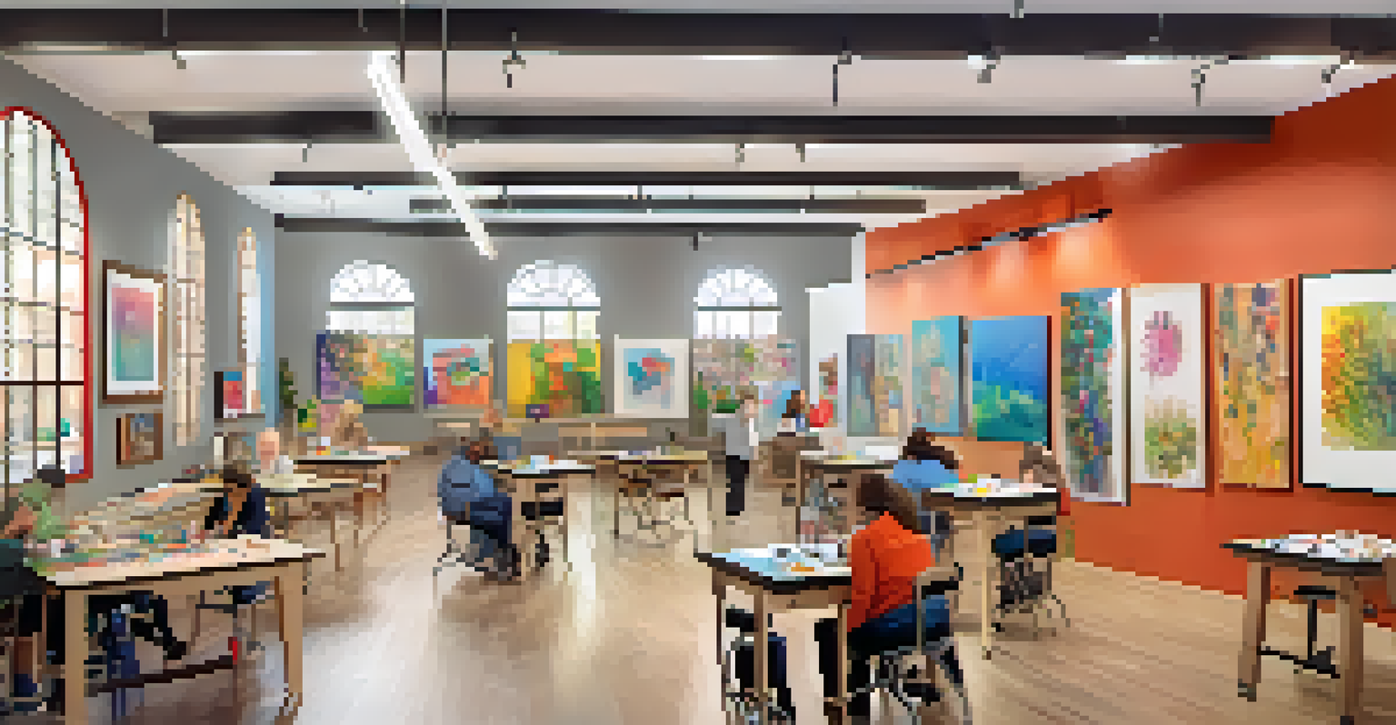 An accessible community art studio filled with artists creating colorful paintings, featuring wide doorways and adjustable tables.