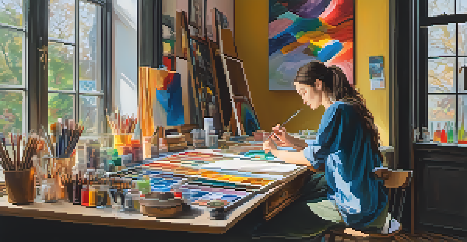 An artist working on a canvas in a bright studio filled with art supplies and completed artworks on the walls.