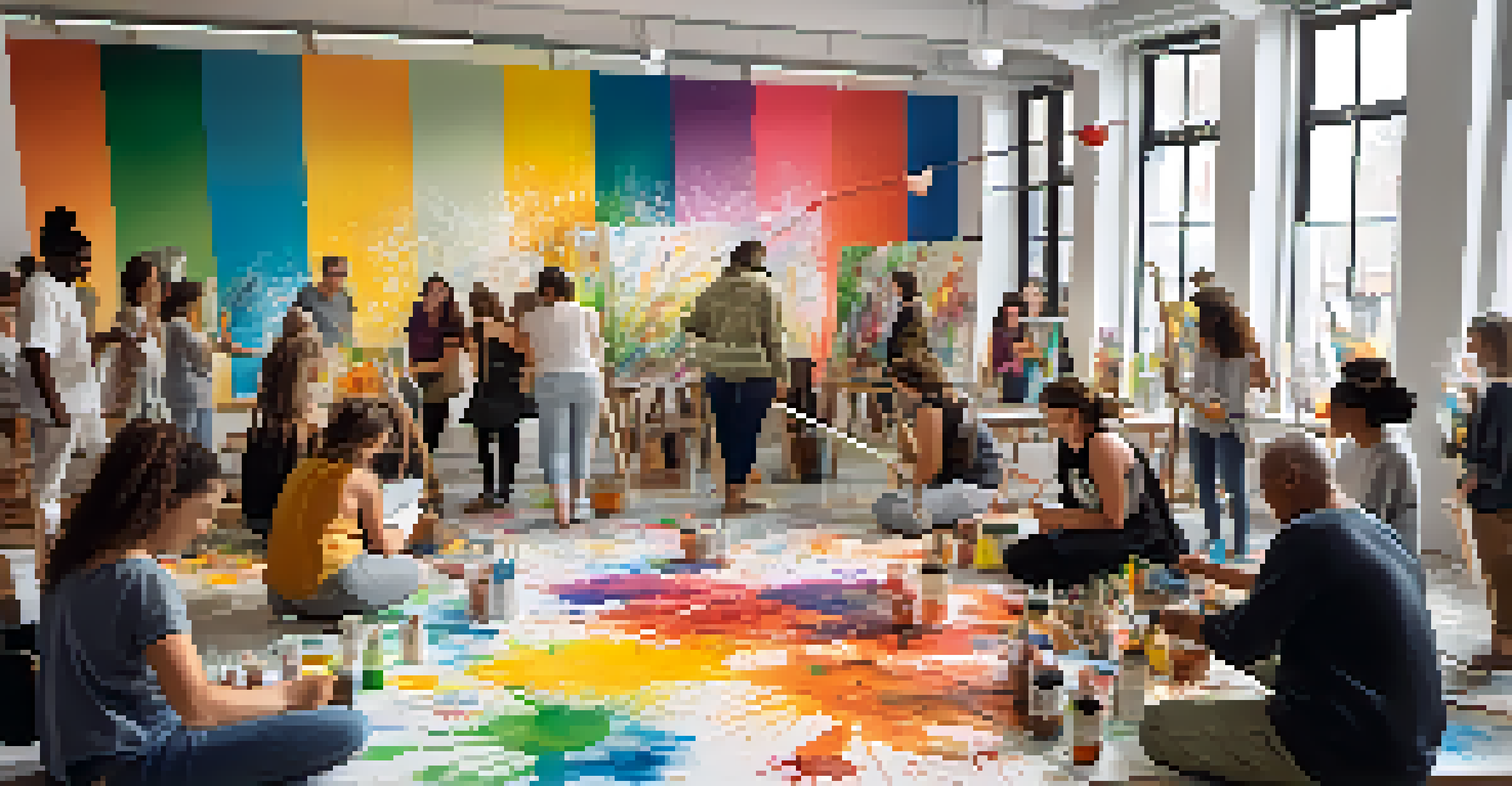 A lively community art workshop with participants creating a collaborative artwork on a large canvas.