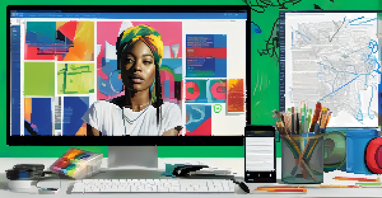 A computer screen displaying digital art with social justice messages, surrounded by art supplies in a creative workspace.