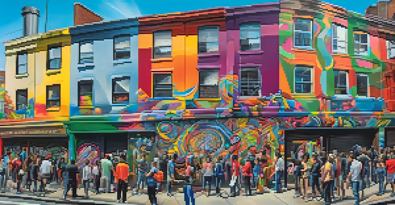 A group of street artists collaborating on a vibrant mural, surrounded by a lively urban environment.