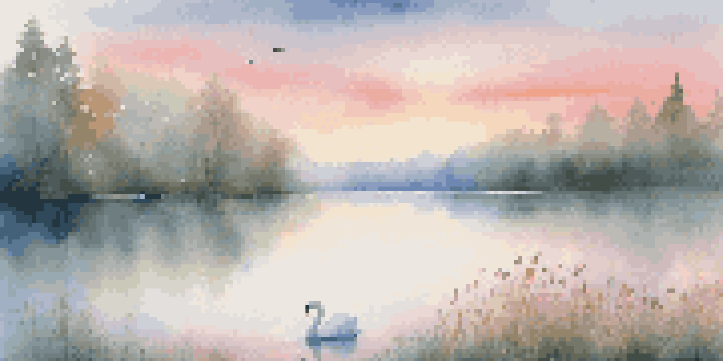 A calm lake surrounded by a misty forest at sunrise, with wildflowers in the foreground and a swan on the water.