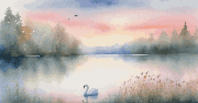 A calm lake surrounded by a misty forest at sunrise, with wildflowers in the foreground and a swan on the water.