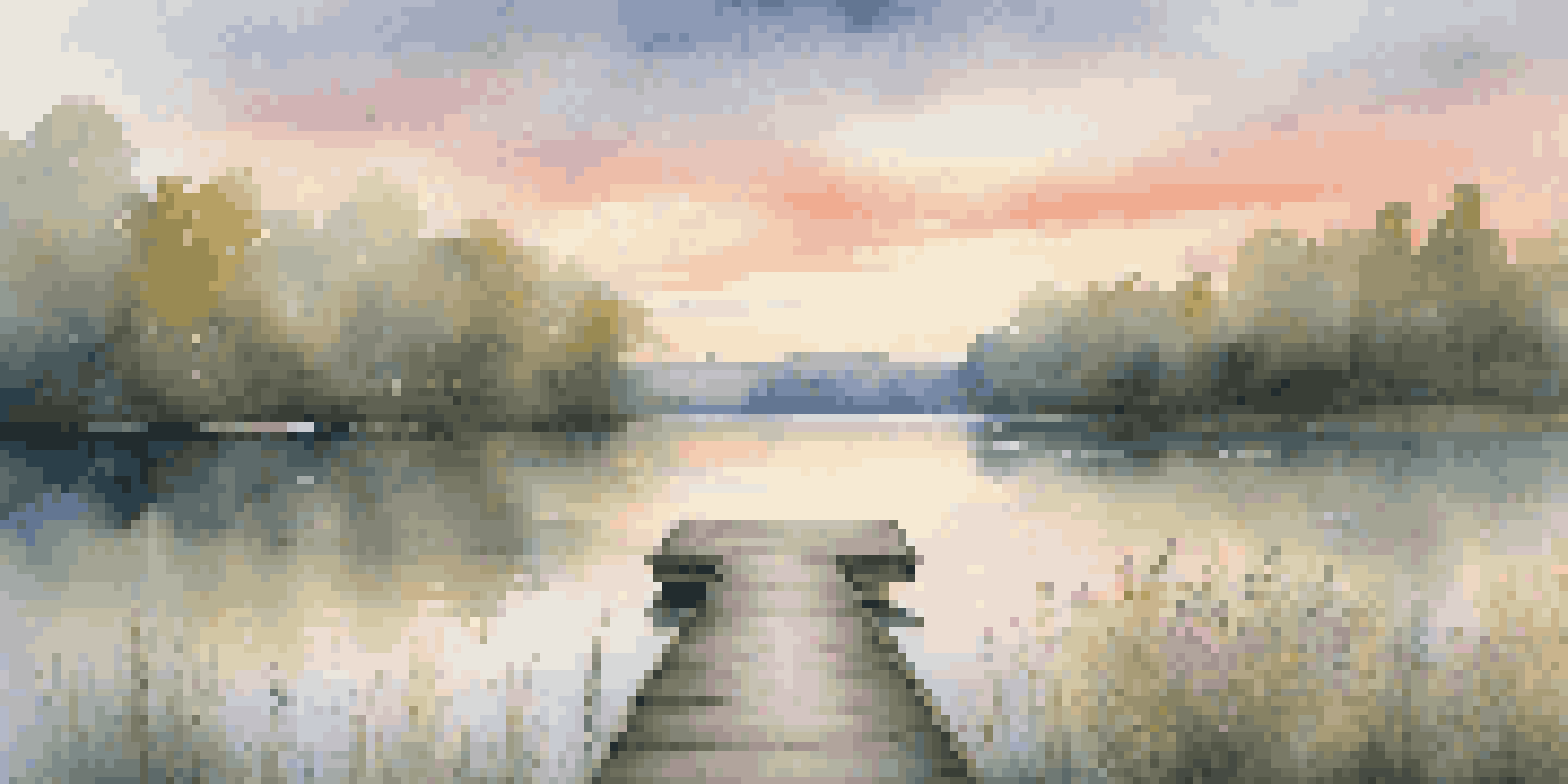 A tranquil lake at sunrise with soft colors reflecting on the water, a wooden dock in the foreground, and lush greenery around.