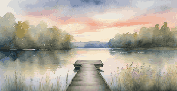 A tranquil lake at sunrise with soft colors reflecting on the water, a wooden dock in the foreground, and lush greenery around.