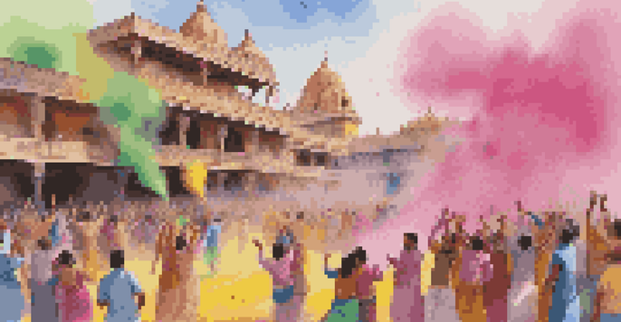 A lively scene of people celebrating Holi, throwing colorful powders in the air against a backdrop of traditional Indian architecture.