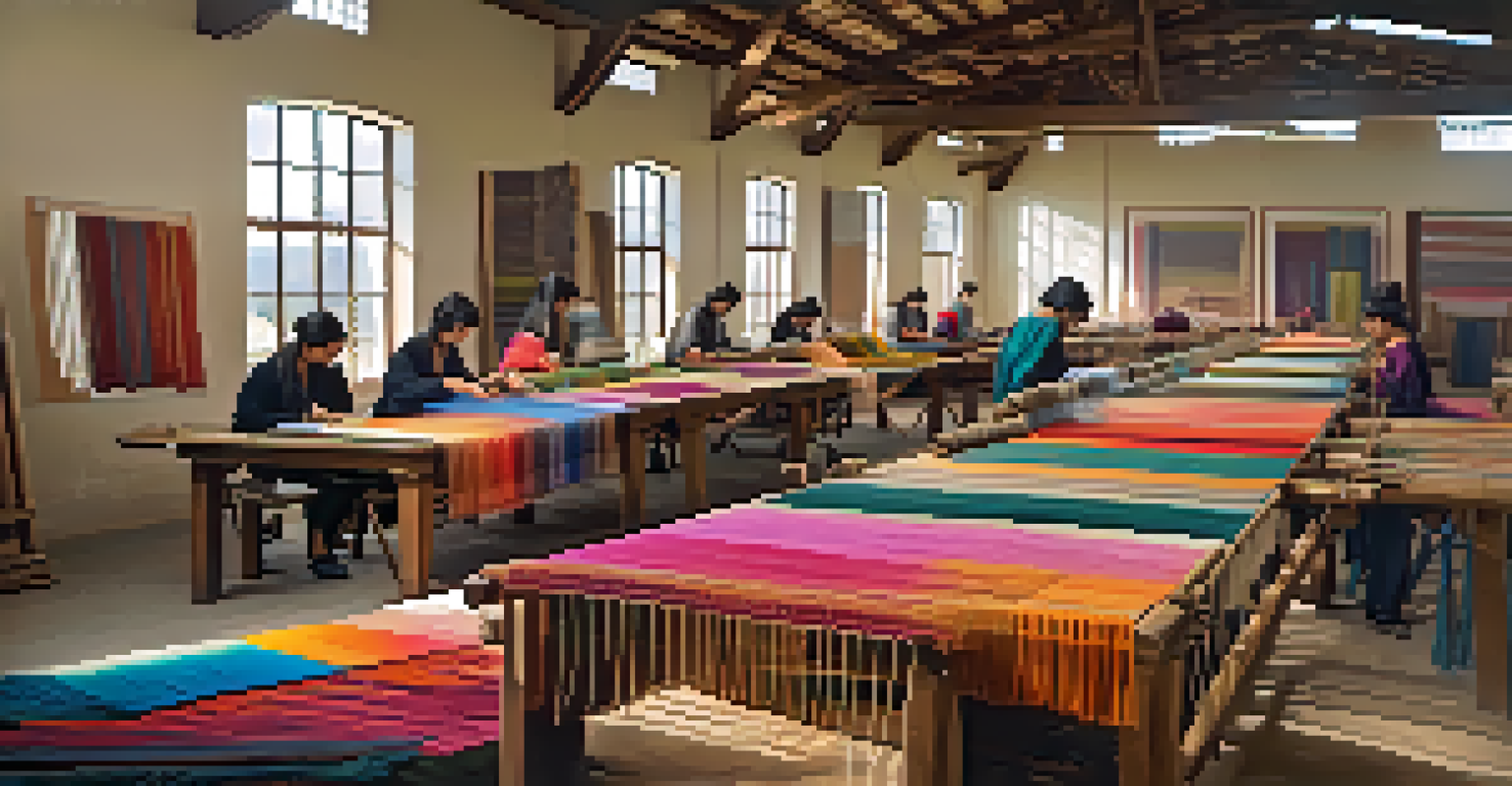 Modern workshop with students learning traditional weaving techniques on large looms, surrounded by colorful threads and natural lighting.