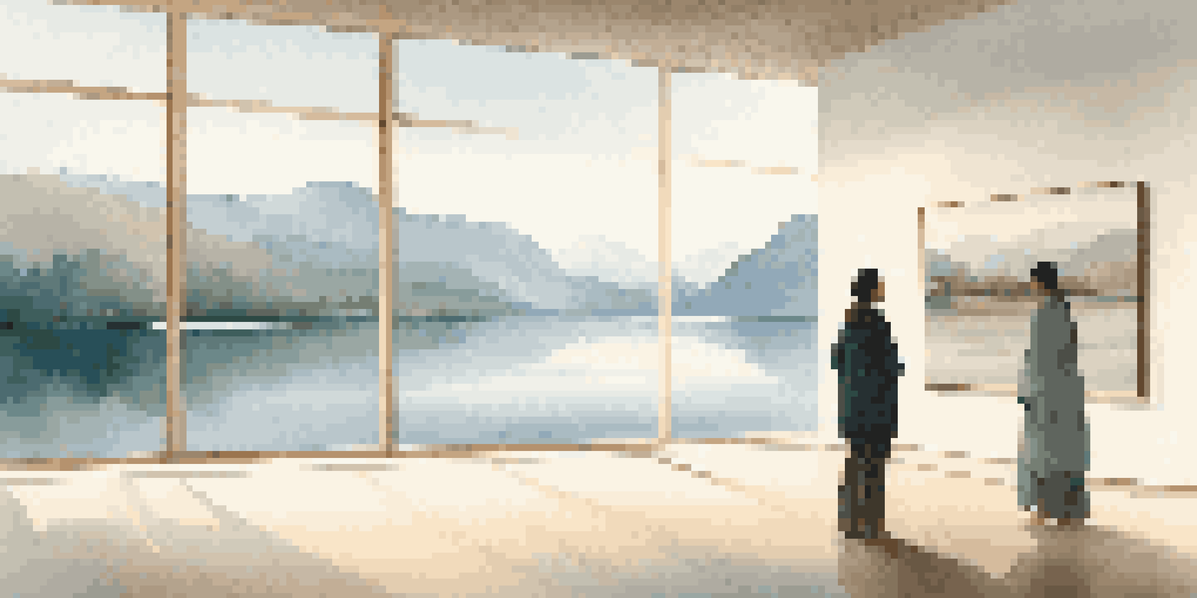 A peaceful art gallery with a landscape painting of a lake and mountains, soft ambient light, and visitors enjoying the serene atmosphere.