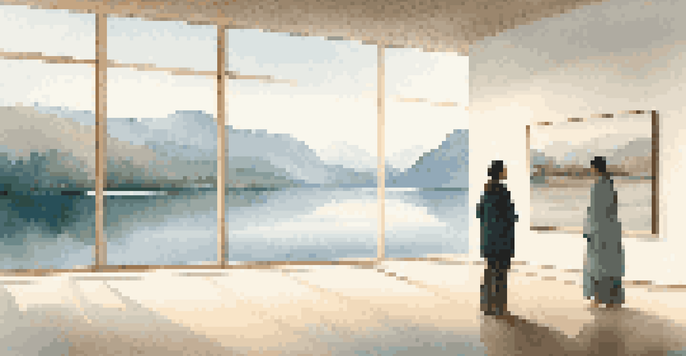 A peaceful art gallery with a landscape painting of a lake and mountains, soft ambient light, and visitors enjoying the serene atmosphere.