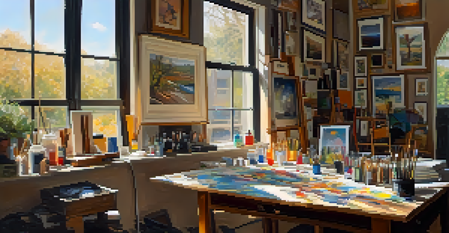 An artist's workspace filled with art supplies and unfinished paintings, illuminated by warm light.