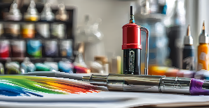 A close-up view of a professional airbrush with a gravity feed cup filled with paint, placed on an organized workspace.
