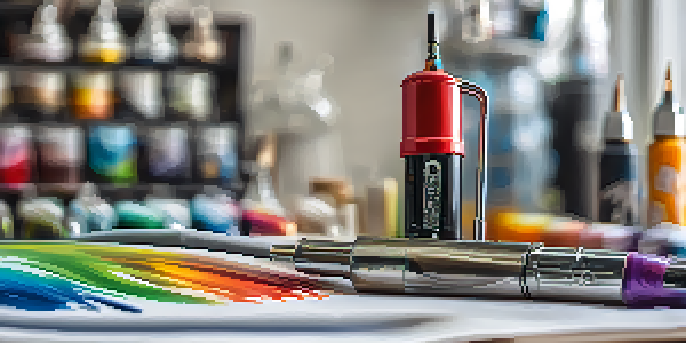 A close-up view of a professional airbrush with a gravity feed cup filled with paint, placed on an organized workspace.
