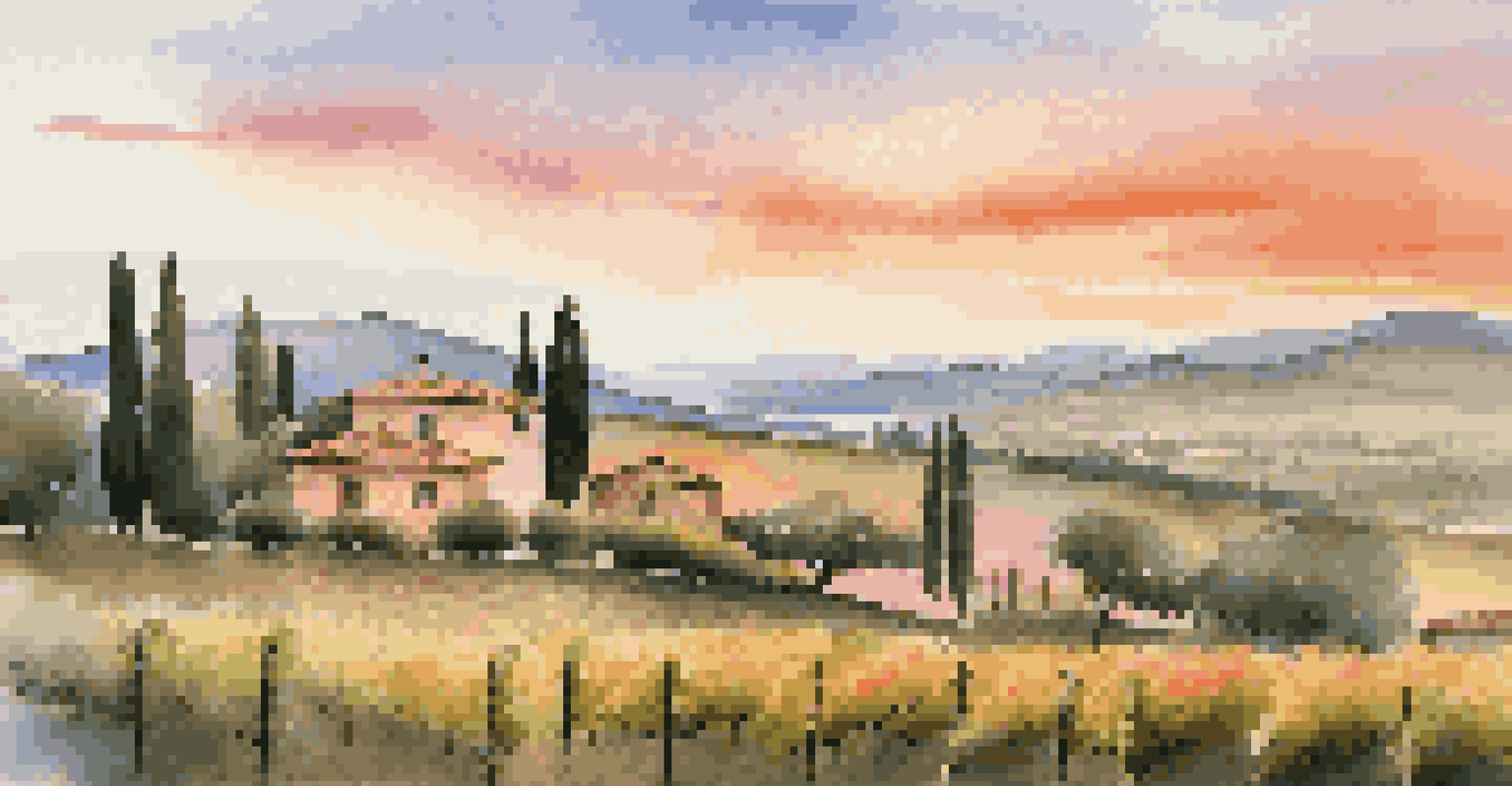 A peaceful Italian countryside at sunset with rolling hills and a tranquil lake, complemented by a rustic farmhouse.