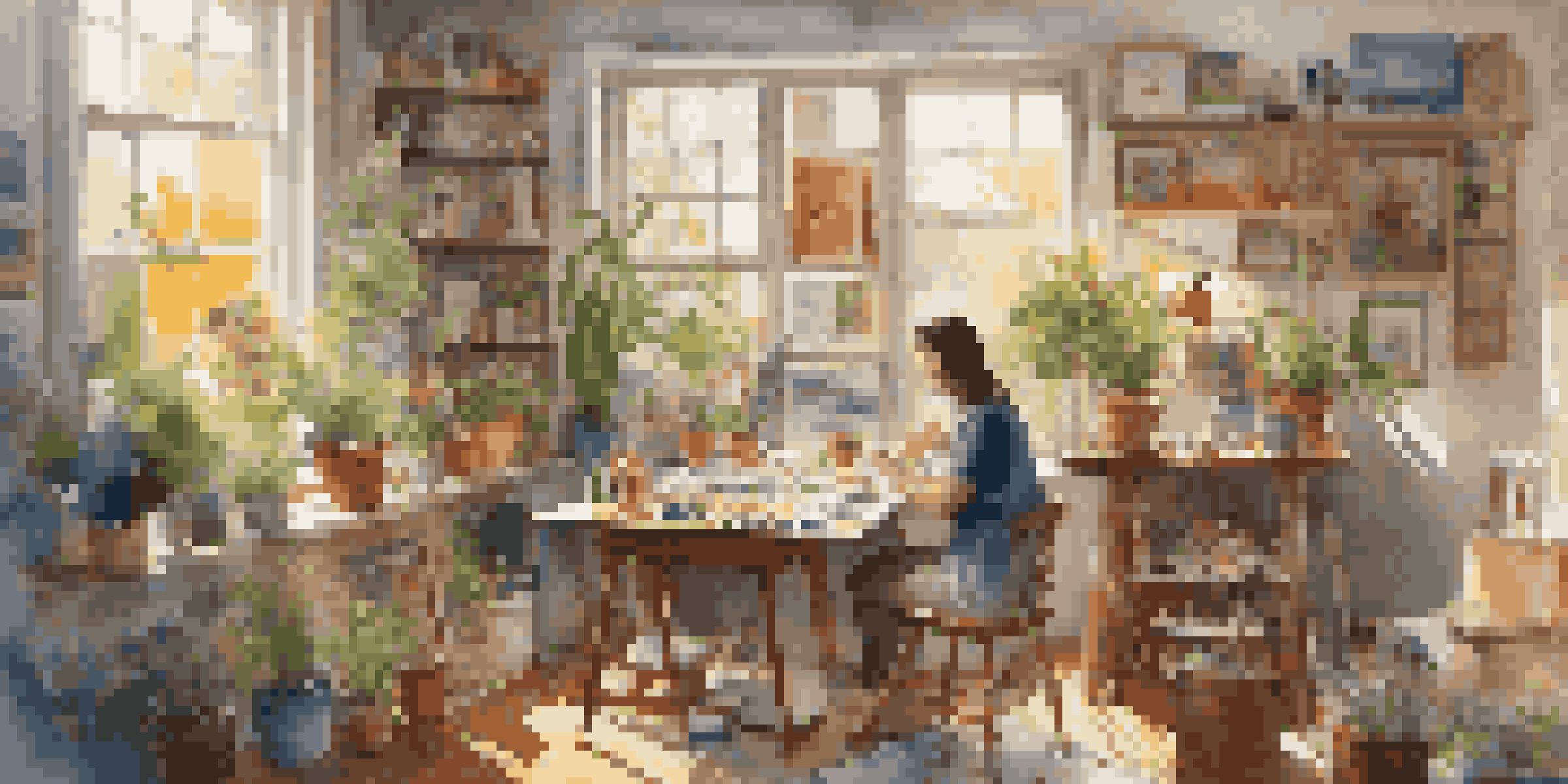 An artist mentoring a young painter in a bright and colorful studio filled with art supplies and paintings.