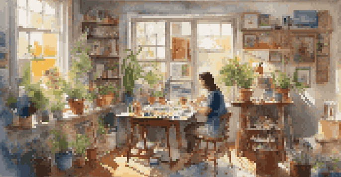 An artist mentoring a young painter in a bright and colorful studio filled with art supplies and paintings.