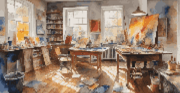 An artist working in a bright studio surrounded by colorful canvases and art supplies, with sunlight streaming through large windows.