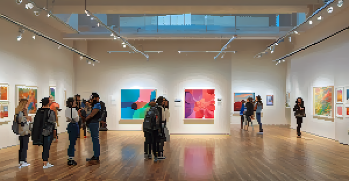 A lively art gallery filled with colorful artworks from diverse artists, with visitors of different backgrounds enjoying the space and interacting with the art.