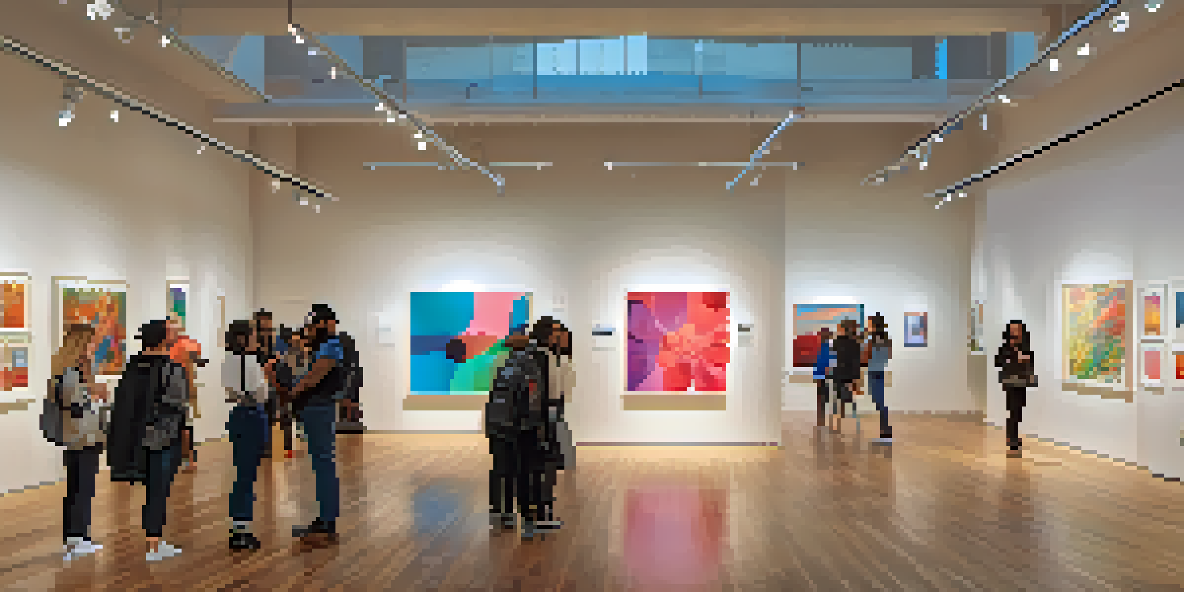 A lively art gallery filled with colorful artworks from diverse artists, with visitors of different backgrounds enjoying the space and interacting with the art.